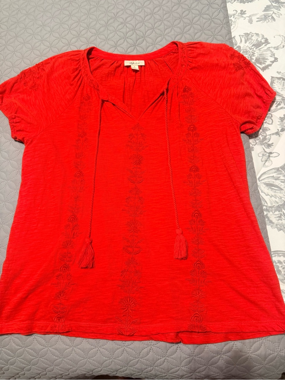 Style & Co. Red Tassel Tie-Neck Embroidered Top